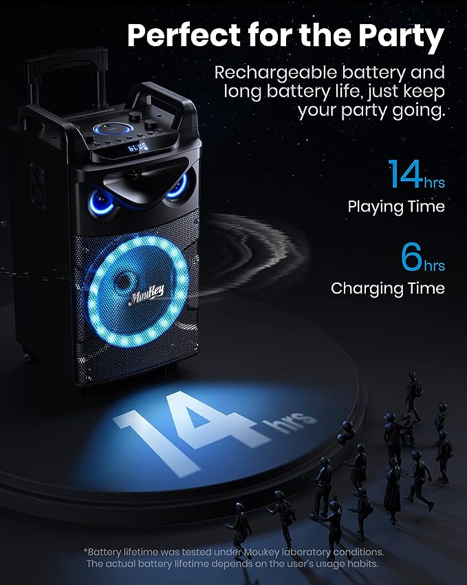 Moukey Portable Bluetooth Woofer PA System Speaker Karaoke Machine Kit with 2 Wireless Microphones