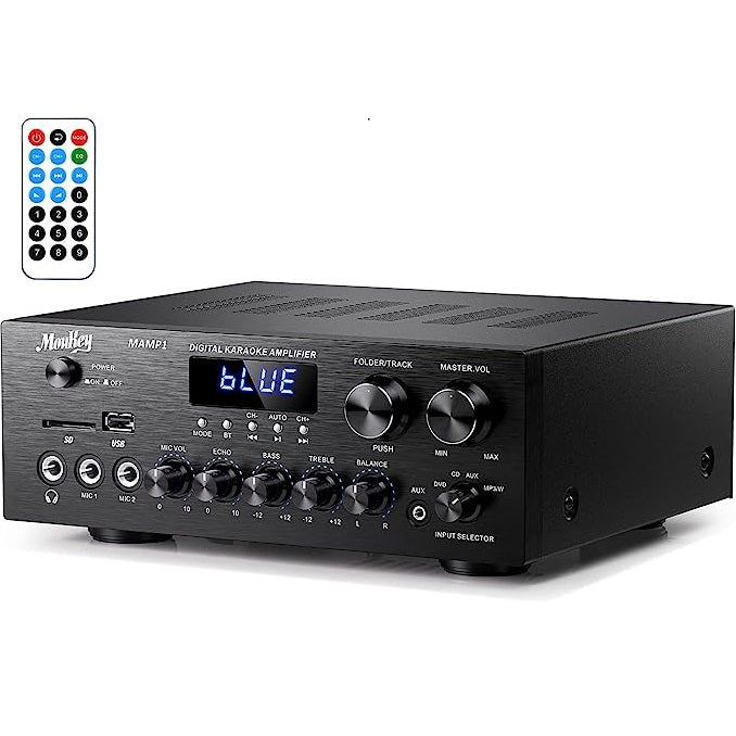 Stereo Power Audio Amplifier 220W Bluetooth 5.0, with USB, SD, AUX, RCA, MIC in with Echo, Radio, LED for Karaoke, Home Theater Speakers, MAMP1 Visit the Moukey Store