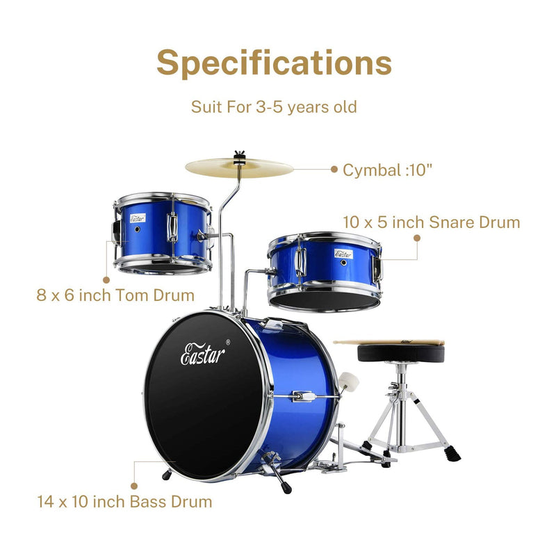 Eastar EDS-180 14 inch 3-Piece Drum Set for Kids with Adjustable Throne, Cymbal, Pedal & Two Pairs of Drumsticks