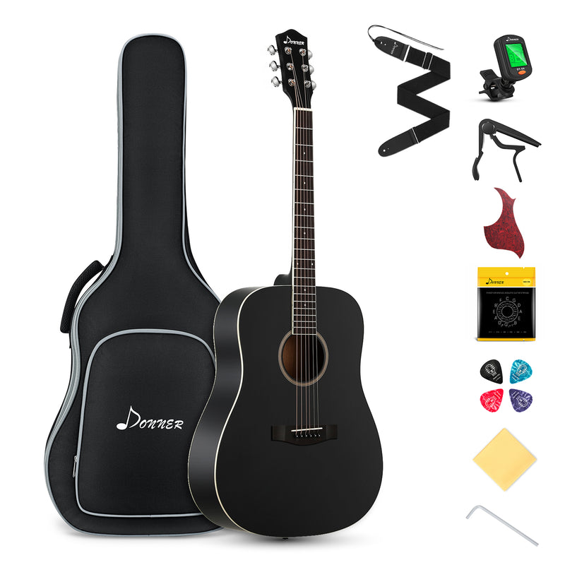 Donner Sound Guitar full size, intrepid Guitar bundle 41 inches, for Beginners, with Gig Bag capo picks Tuner with String (Black, Dag - 1B)