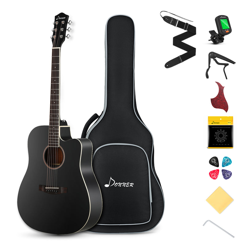 Donner Guitar Full Size, Cutaway Guitar Package 41 pollici per Principante con Gig Bag Tuner Capo Picks Strings (Black, DAG-1CB)