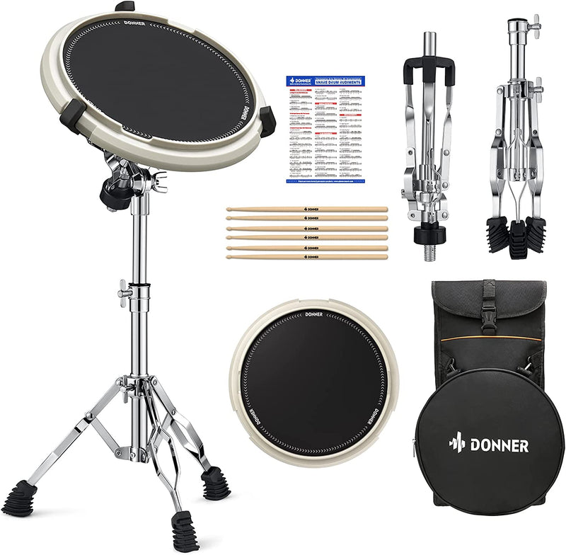 Donner Drum Pad Stand Kit - Snare Drum Stand with 12'' Double-sided Silent Drum Practice Pad, Drumsticks, Backpack Adjustable Stand